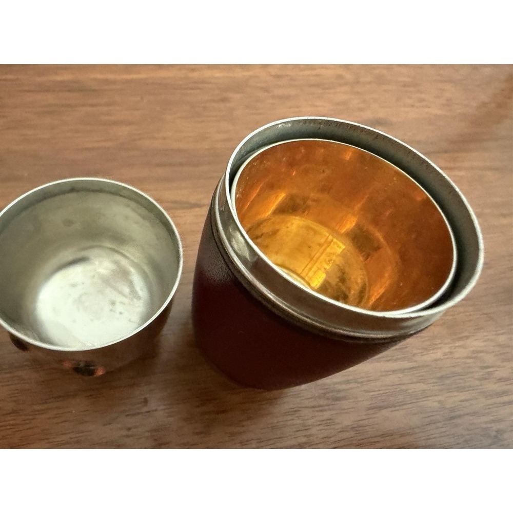 Midcentury Owl Leather And Metal Jigger Four Shot Glass Set Barware Vintage Rare - Picture 4 of 5